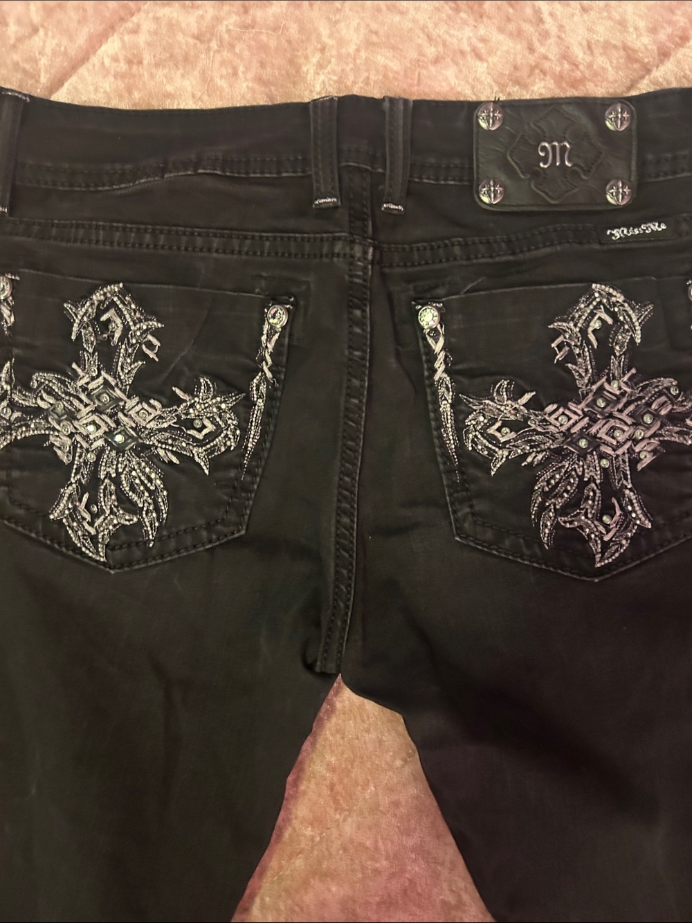 Embellished Black Miss Me Women’s Jeans with Silver Cross Embroidery